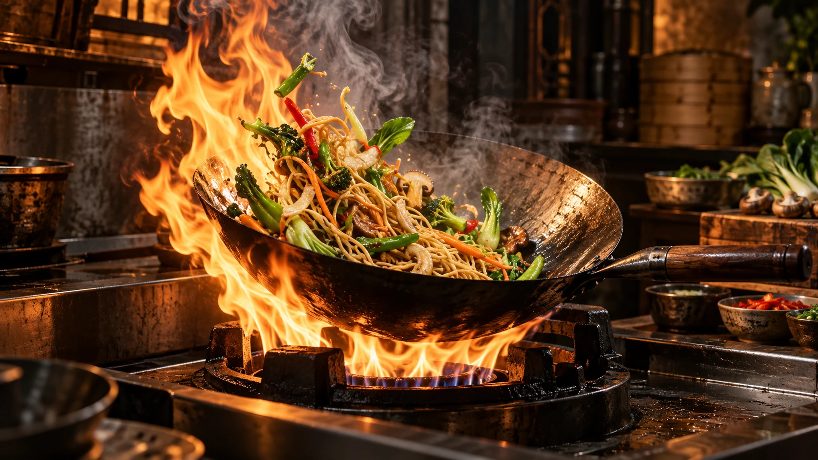 Wok che salta noodles con verdure a fuoco vivo in una cucina professionale