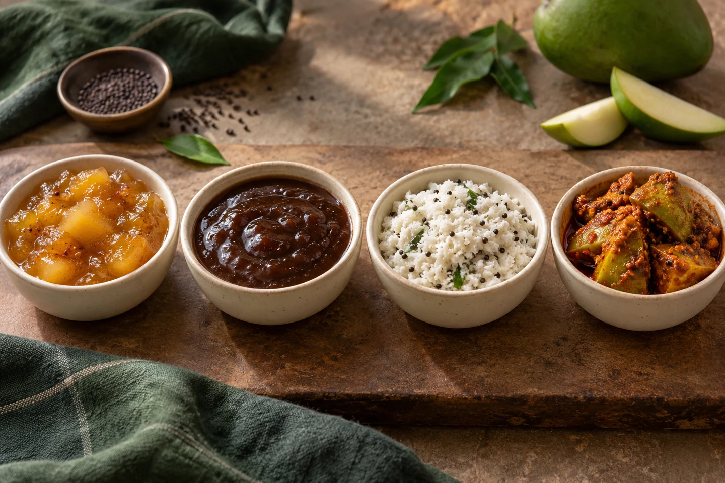 Chutney e sottaceti indiani per ristoranti e negozi di alimentari: mango, tamarindo, cocco e mango achaar