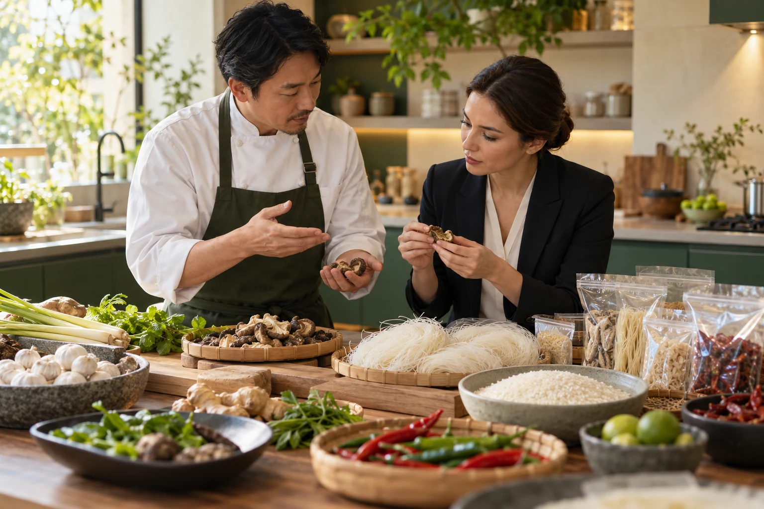 Immagine concettuale di professionisti che esaminano ingredienti asiatici in cucina