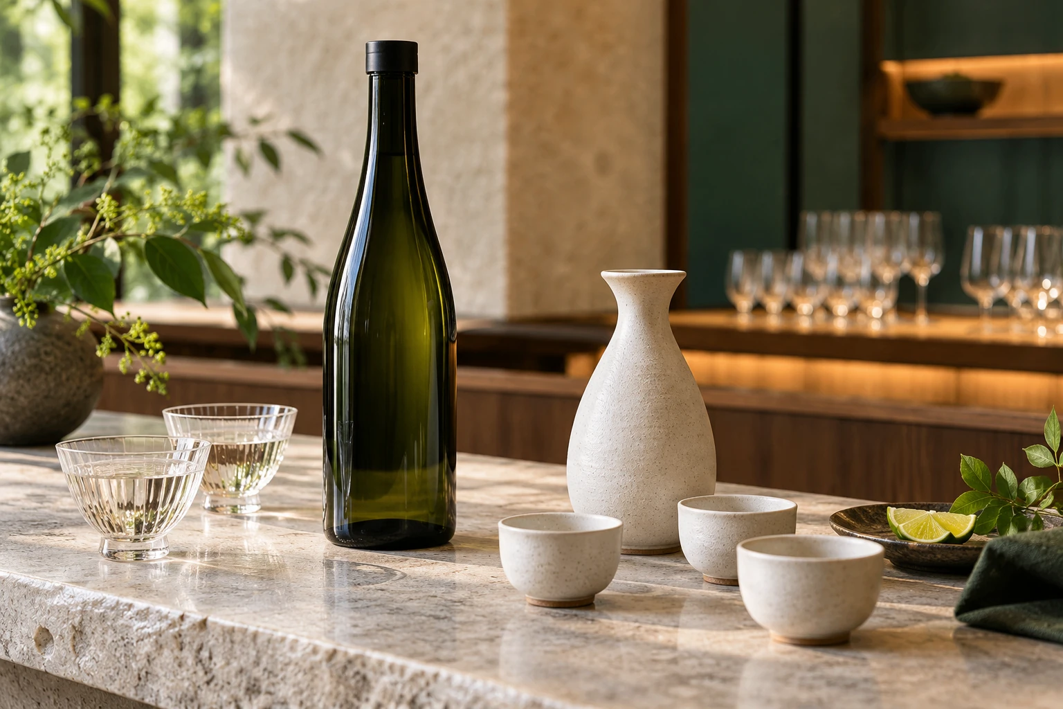 Fotografia concettuale di una bottiglia di sake e bicchieri al bancone