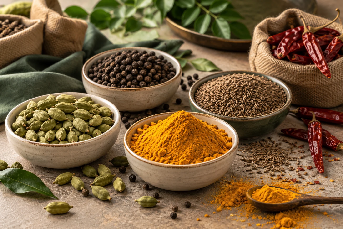 Spezie indiane all'ingrosso: cardamomo, curcuma, cumino, pepe nero e peperoncino