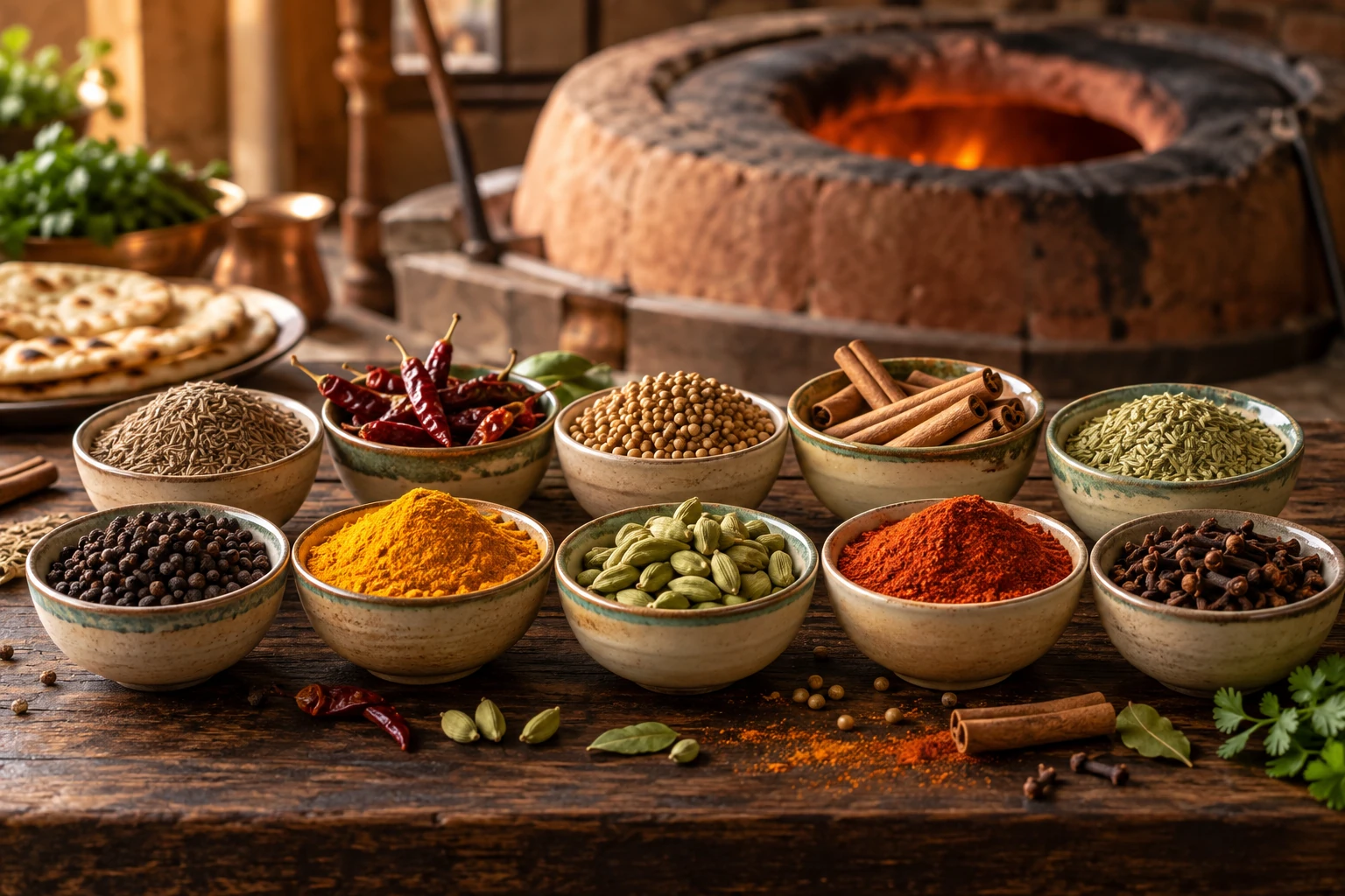 Fotografia concettuale di spezie in ciotole con un tandoor sullo sfondo