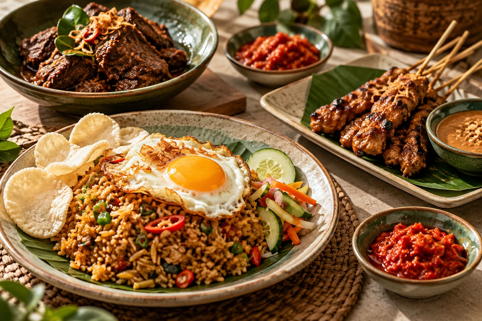 Tavola concettuale con nasi goreng, satay, rendang e sambal