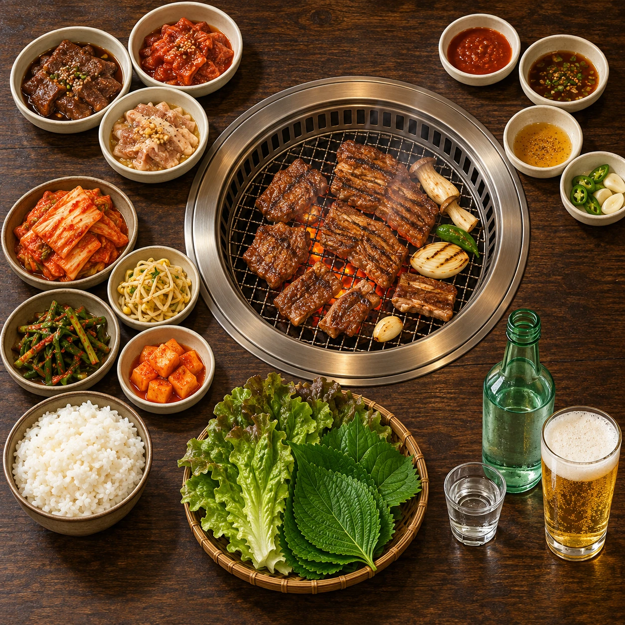 Illustrazione concettuale di un tavolo da barbecue coreano con griglia e contorni