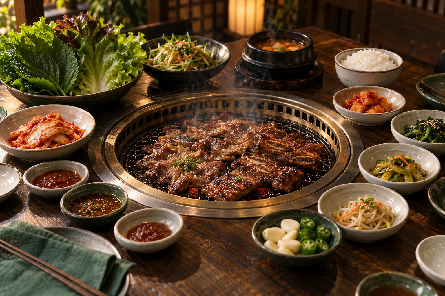 Fotografia concettuale di un barbecue coreano da tavolo con banchan
