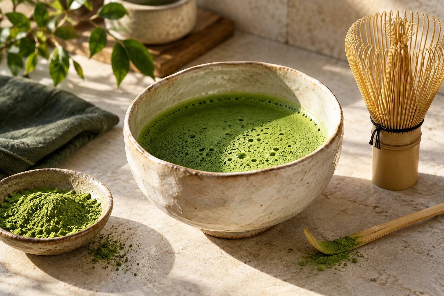 Fotografia concettuale di matcha montato in un chawan