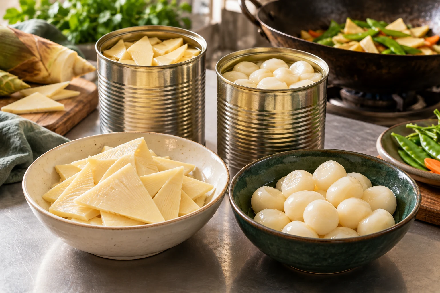 Tavola concettuale con conserve generiche di bambù e castagne d'acqua