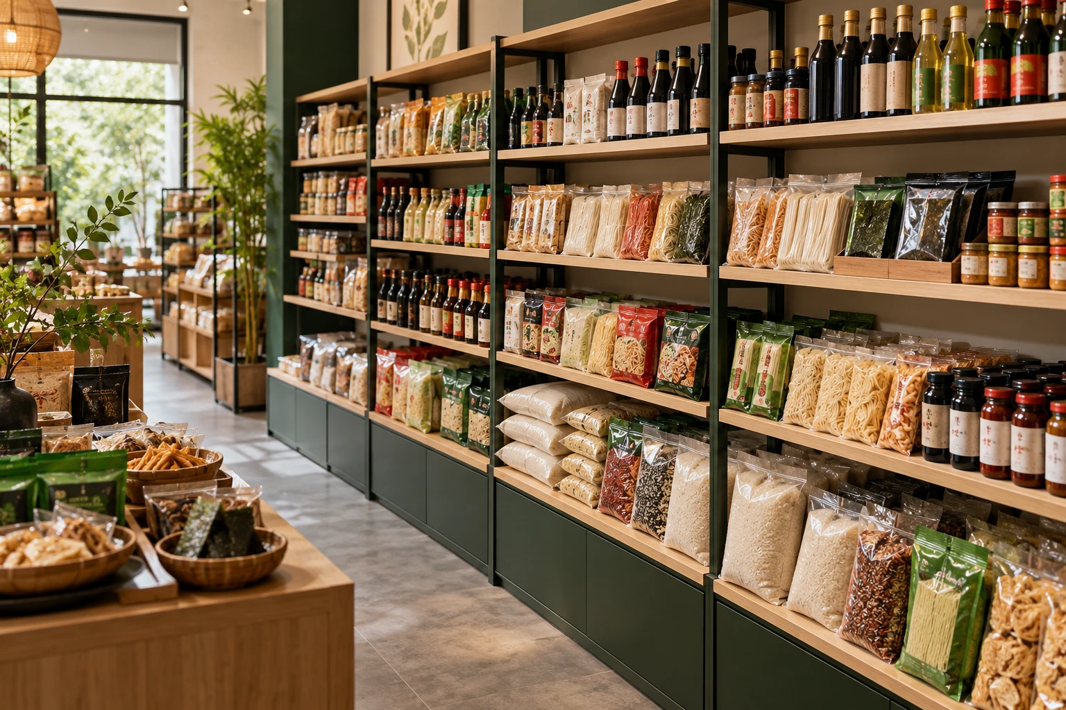 Scaffale di supermercato asiatico con salse e noodles cinesi