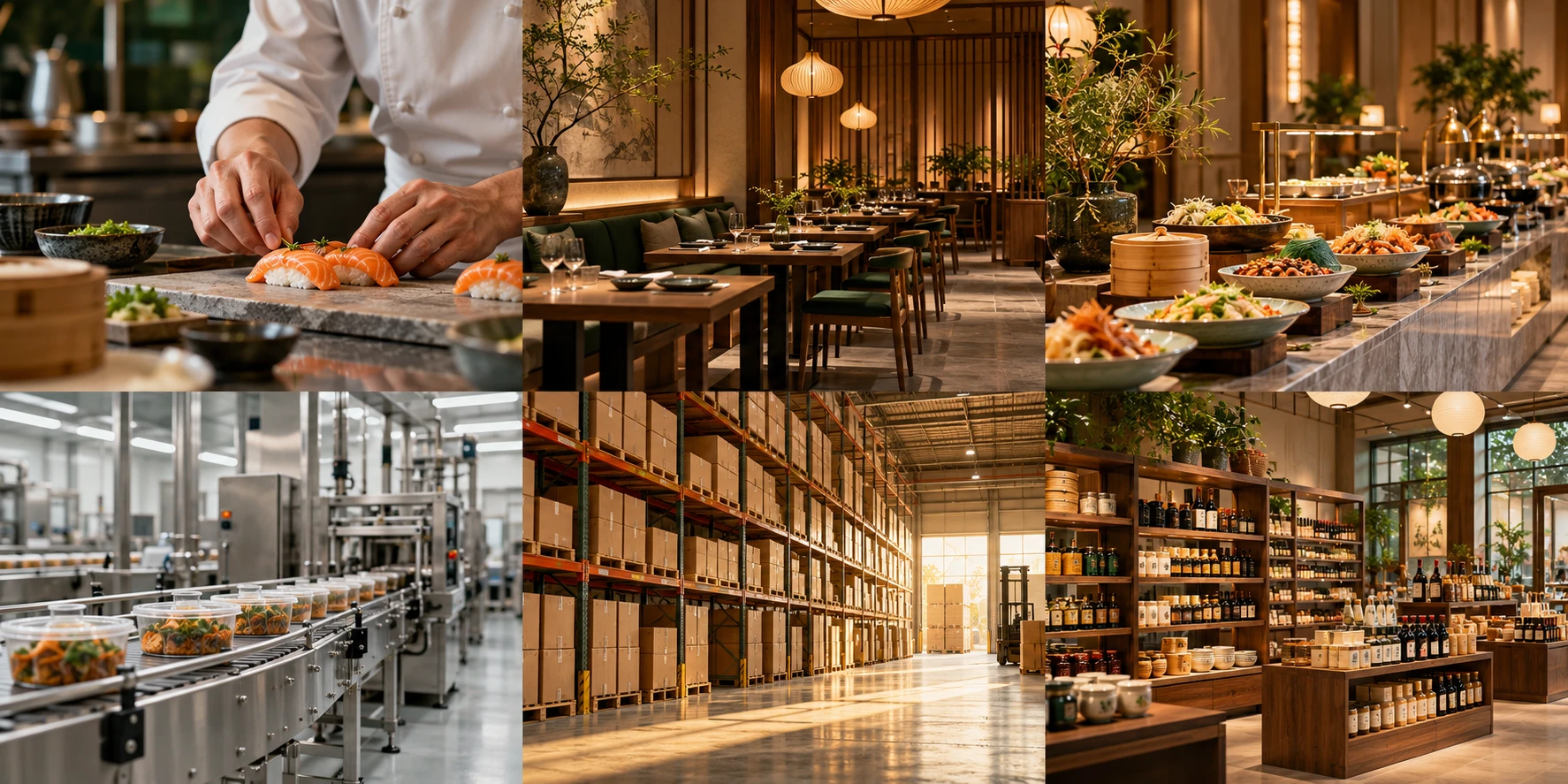 Ristorante d'ispirazione giapponese con tavoli in legno e luce calda