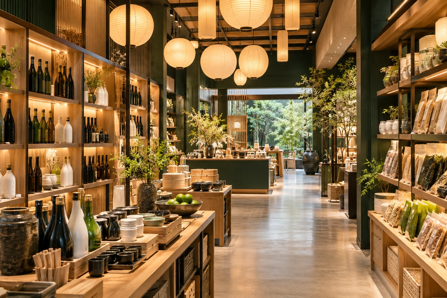 Immagine concettuale di uno showroom con lanterne e scaffali di sake