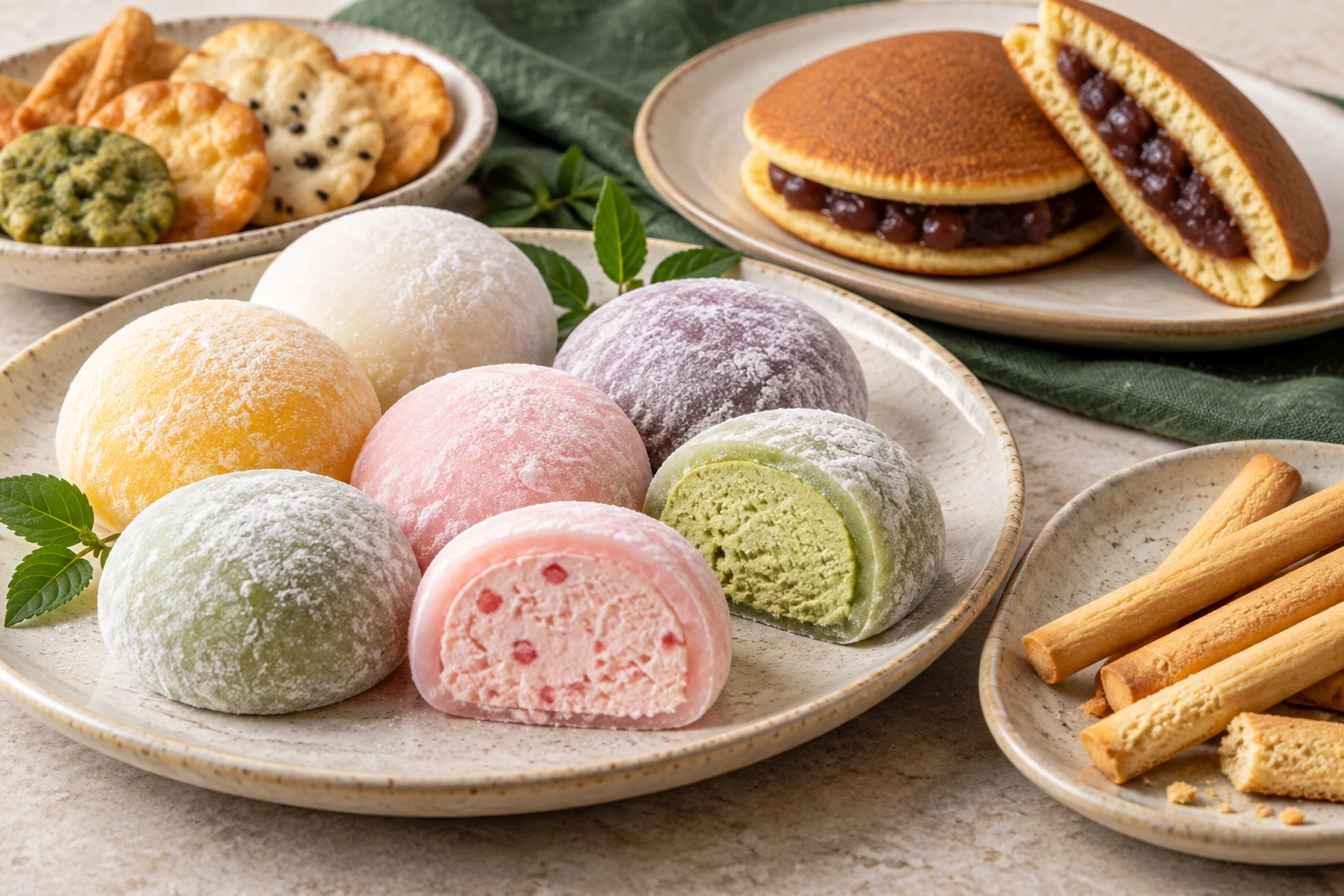 Fotografia concettuale colorata di mochi e snack