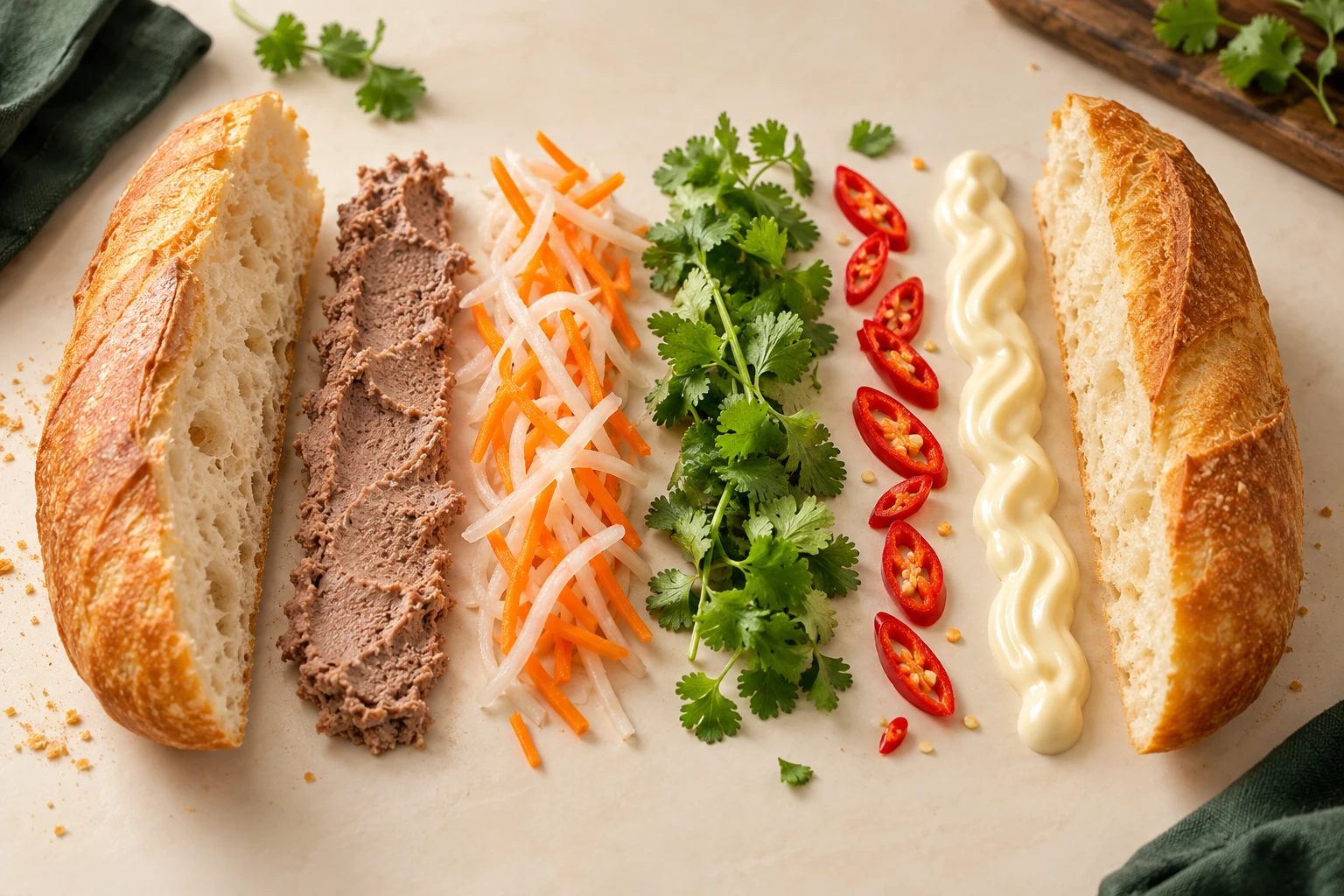 Illustrazione concettuale di un banh mi aperto con gli ingredienti forniti