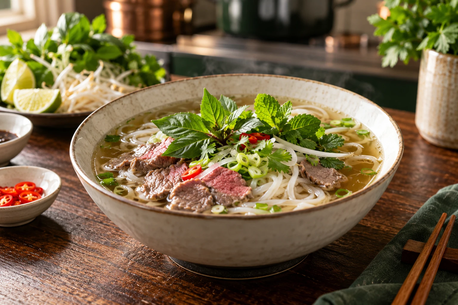 Fotografia concettuale di una ciotola di pho con erbe fresche