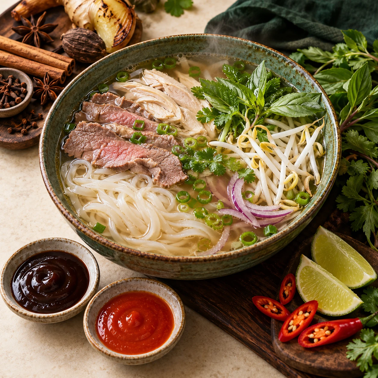 Rappresentazione concettuale degli strati e degli ingredienti di una ciotola di pho